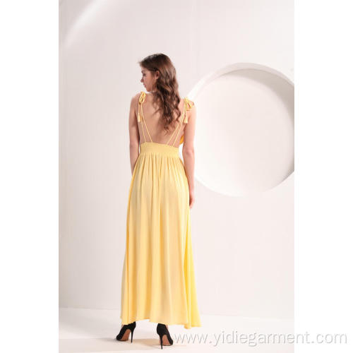 Ladies' Dresses Ladies' Plunging V-neckline Yellow Dress Factory